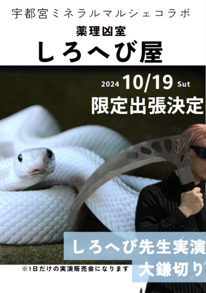 薬理凶室所属、しろへび先生が1日限定の出張販売第2弾決定！19日(土)のみ、大鎌の試し斬りと、販売をします